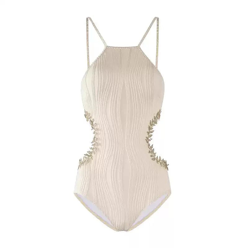 Beige Embellished Side Cutout Monokini Swimwear By Sinderella