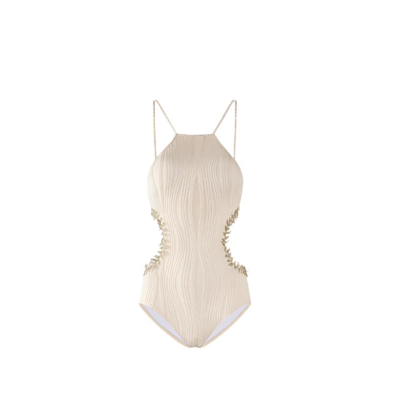 Beige Embellished Side Cutout Monokini Swimwear By Sinderella