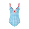 Blue Gingham Design With Red Straps Monokini By Sinderella