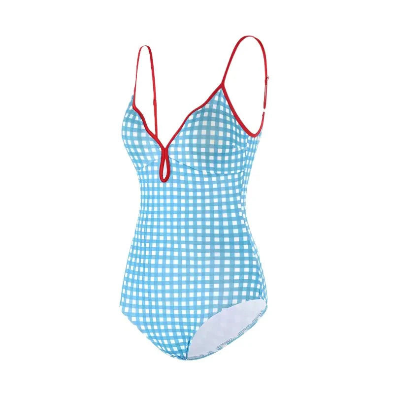 Blue Gingham Design With Red Straps Monokini By Sinderella