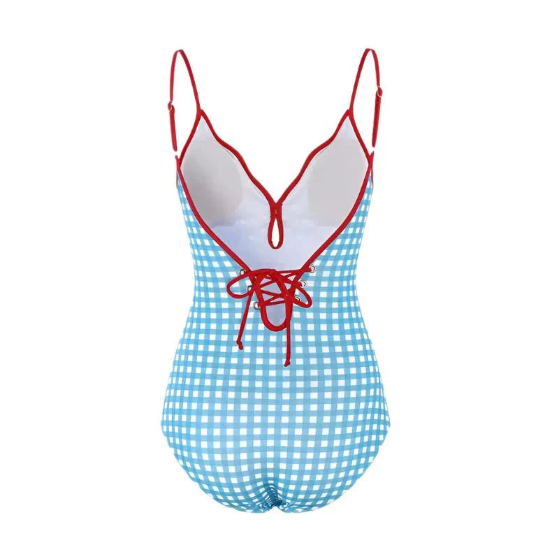 Blue Gingham Design With Red Straps Monokini By Sinderella