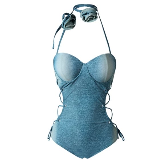 Blue Padded Denim Monokini - One Piece Swimsuit By Sinderella