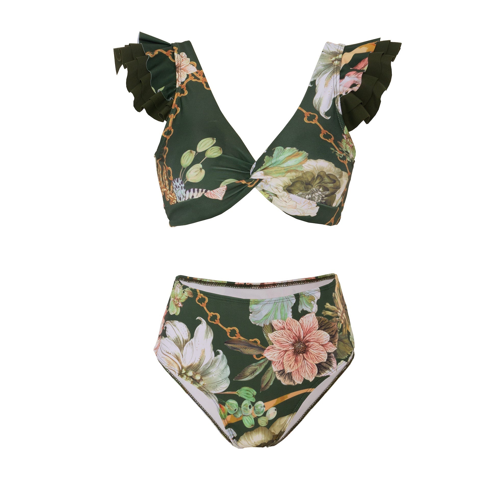 Dark Green Floral High Waisted Two Piece Swimsuit With Ruffled Pencil Skirt by Sinderella