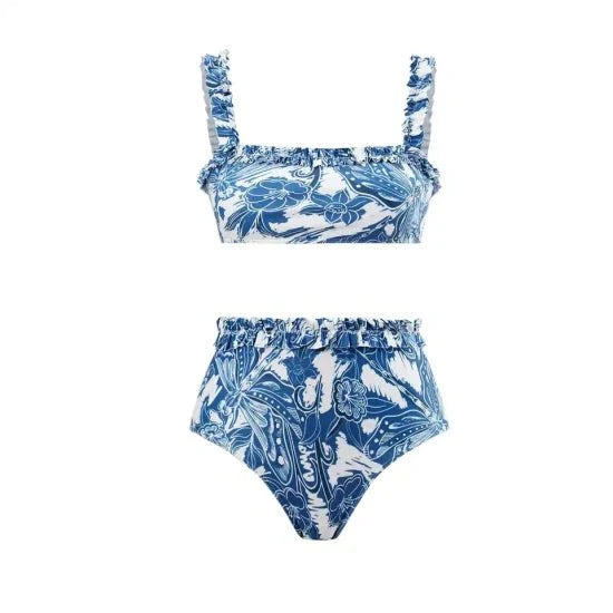 Floral Blue Straight Neck High Waisted Swim Wear With Flare Skirt By Sinderella