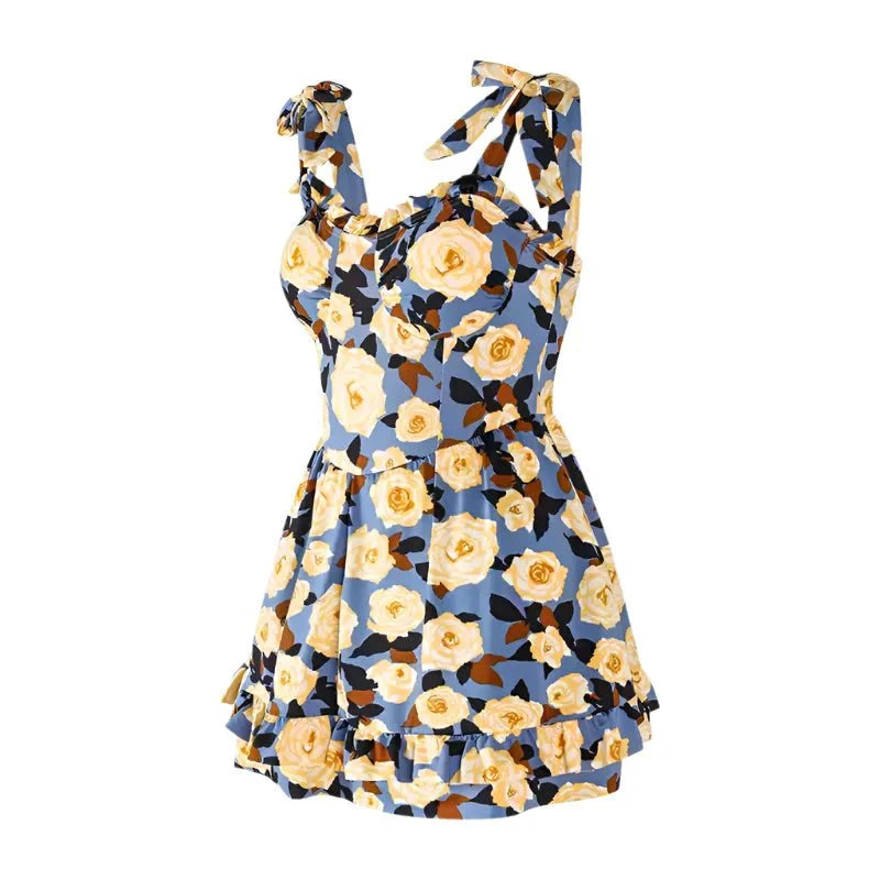 Floral Print Tieup Sleeves Swim Wear Dress By Sinderella