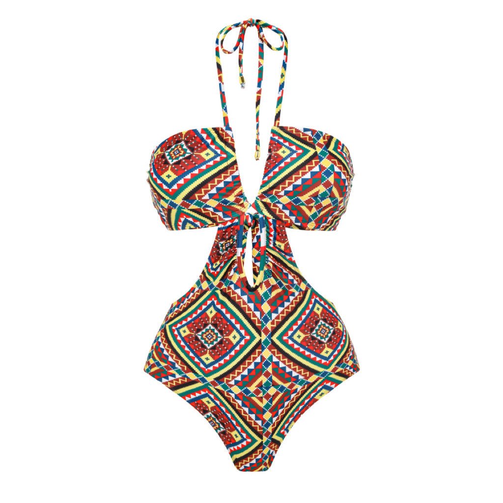 Geometric Design Monokini backless Tieup With Sarong Skirt By Sinderella