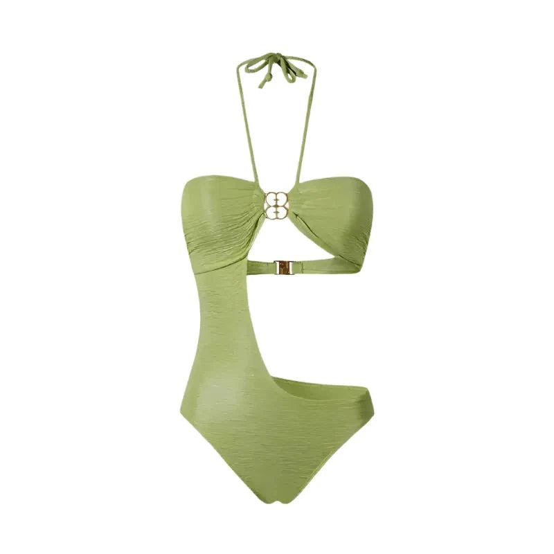 Green Monokini Cutout Halter Neck Swimwear By Sinderella