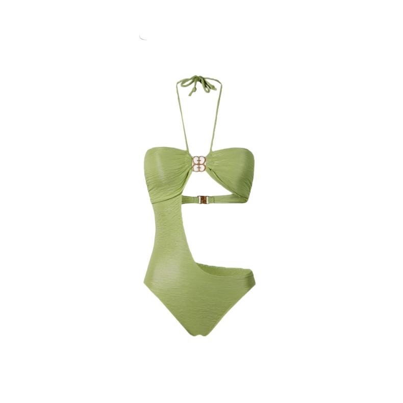 Green Monokini Cutout Halter Neck Swimwear By Sinderella