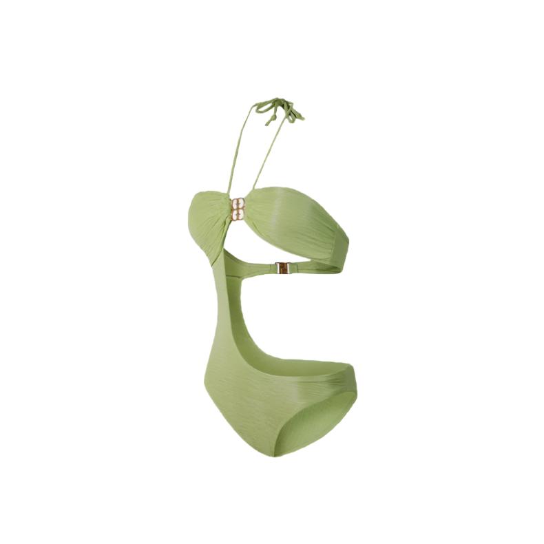 Green Monokini Cutout Halter Neck Swimwear By Sinderella