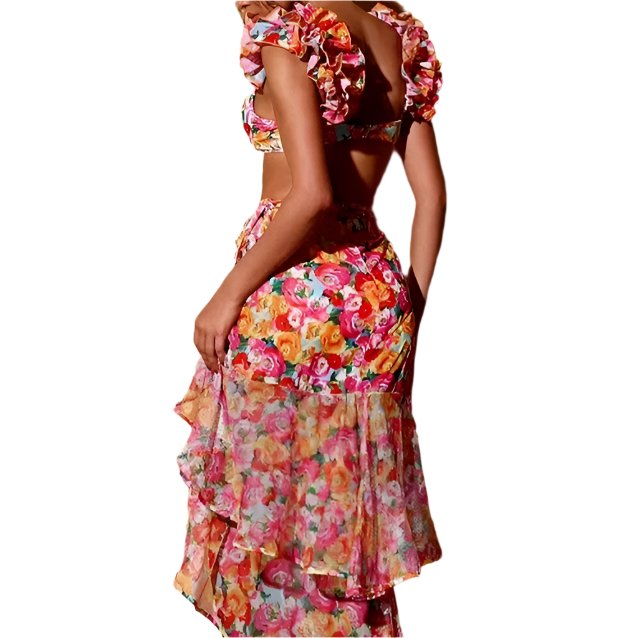 High Waist Floral Two Peice Bikini Set WIth Ruffle Skirt By SInderella