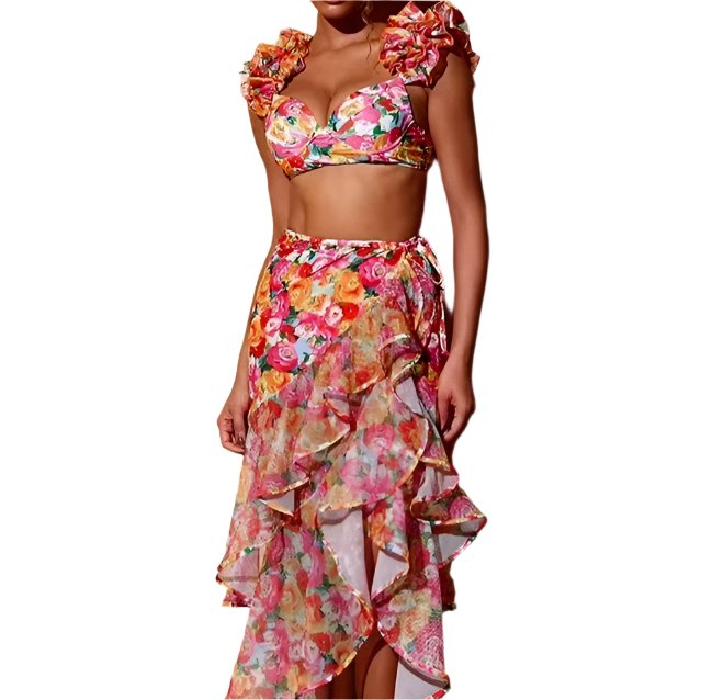 High Waist Floral Two Peice Bikini Set WIth Ruffle Skirt By SInderella