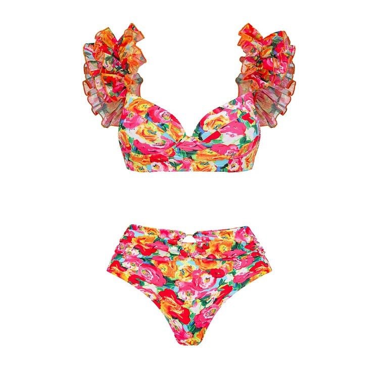 High Waist Floral Two Peice Bikini Set WIth Ruffle Skirt By SInderella