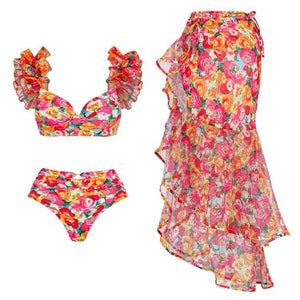 High Waist Floral Two Peice Bikini Set WIth Ruffle Skirt By SInderella