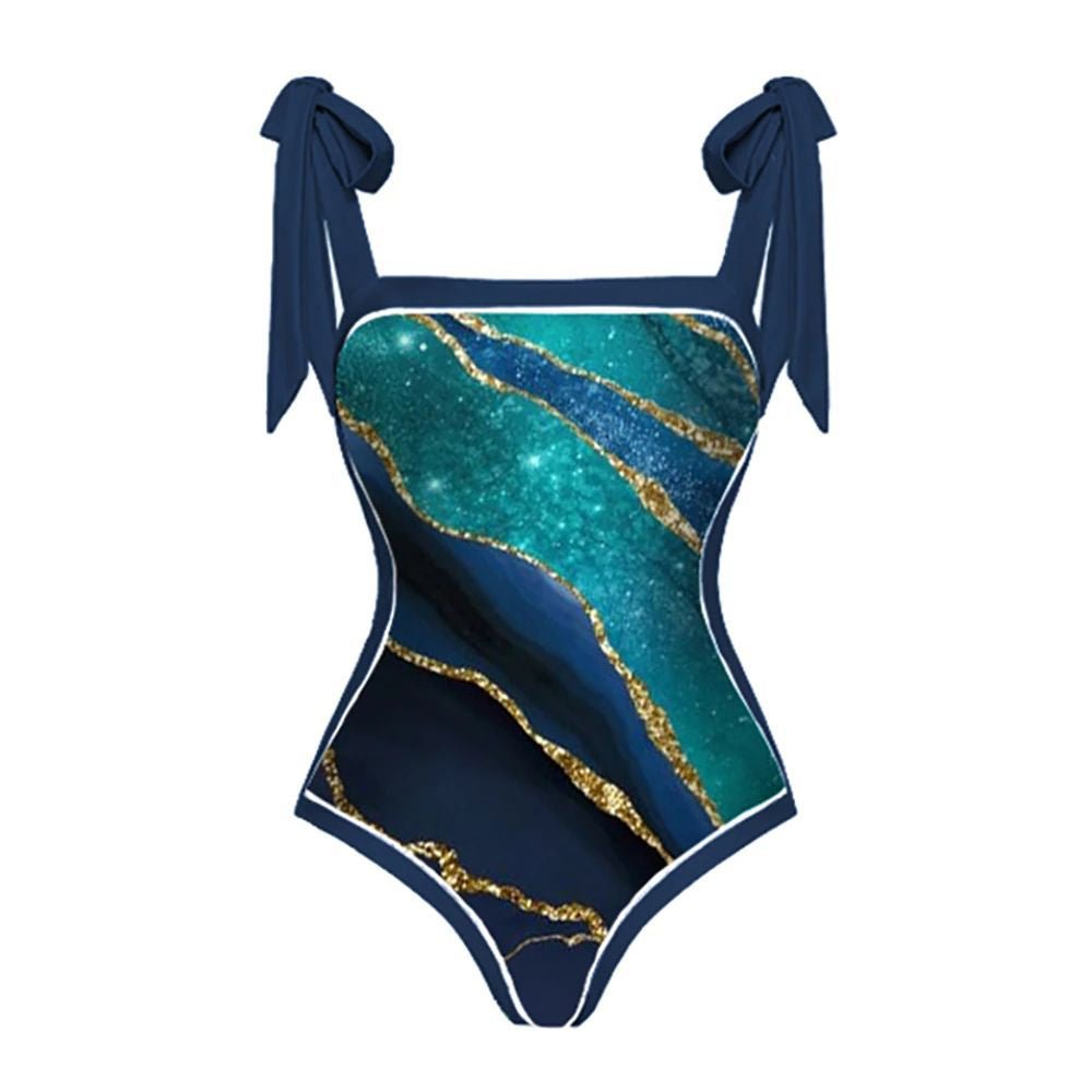 Monokini Galaxy Print Tie Up Swimsuit With Wrap Around Tie Up Sarong Skirt By Sinderella