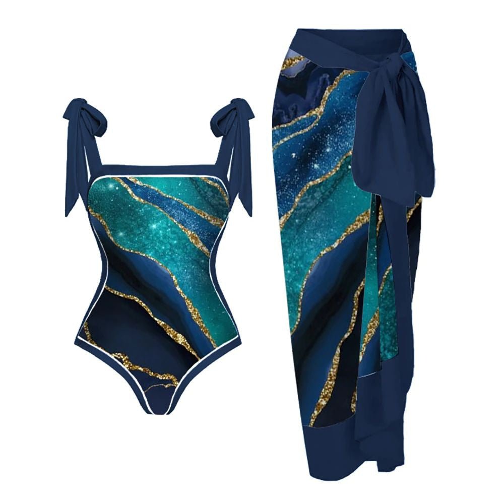 Monokini Galaxy Print Tie Up Swimsuit With Wrap Around Tie Up Sarong Skirt By Sinderella