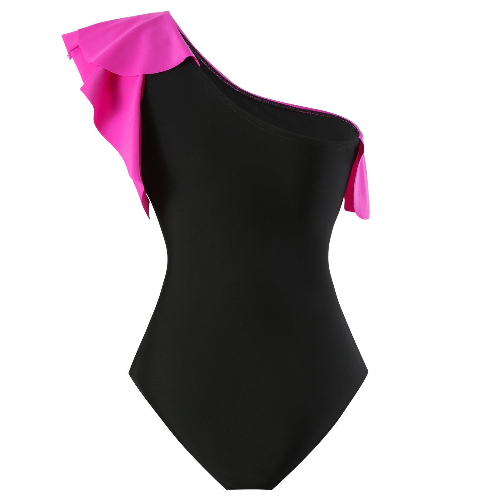 Monokini One Shoulder Black and Pink Swimsuit With Coverup Skirt By Sinderella