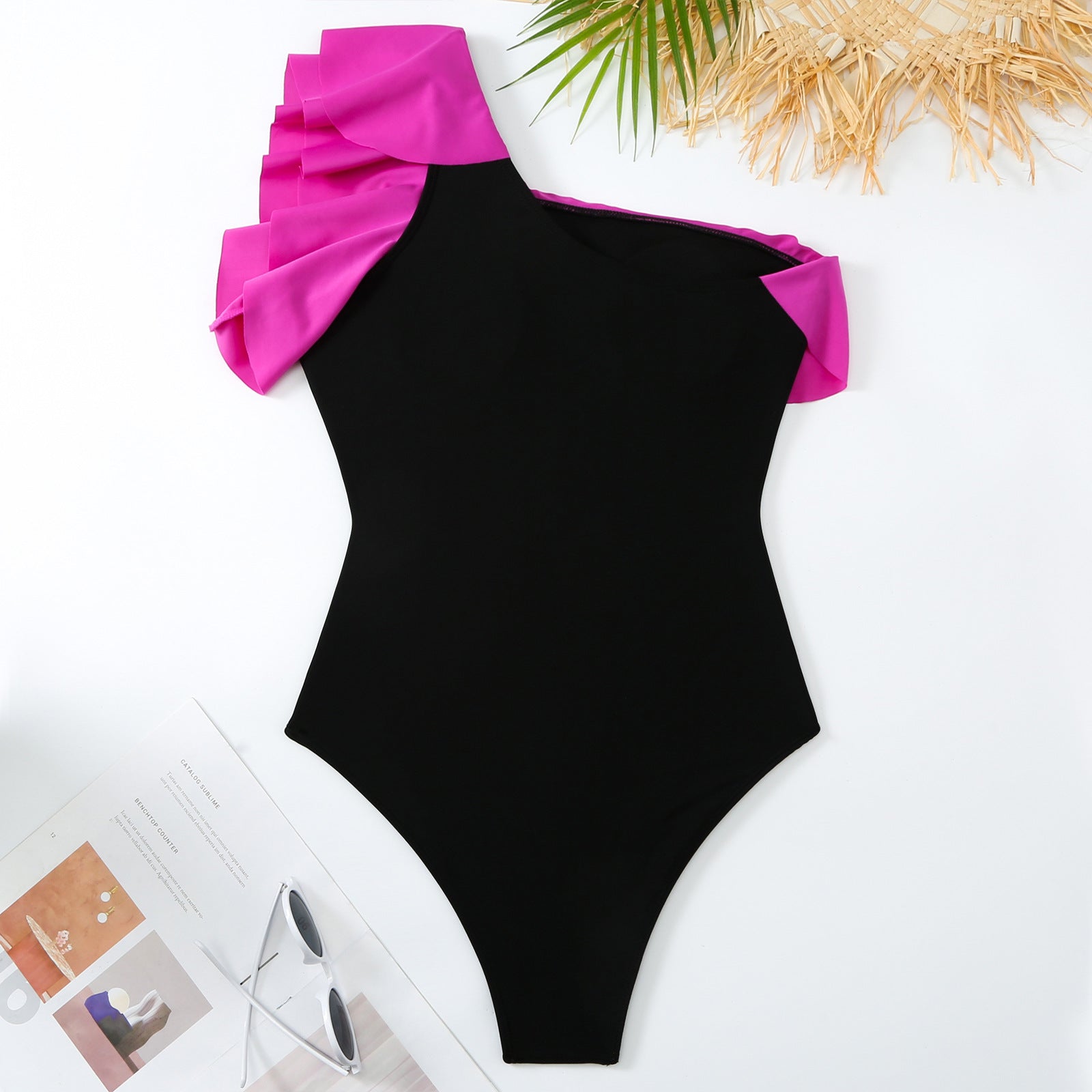 Monokini One Shoulder Black and Pink Swimsuit With Coverup Skirt By Sinderella