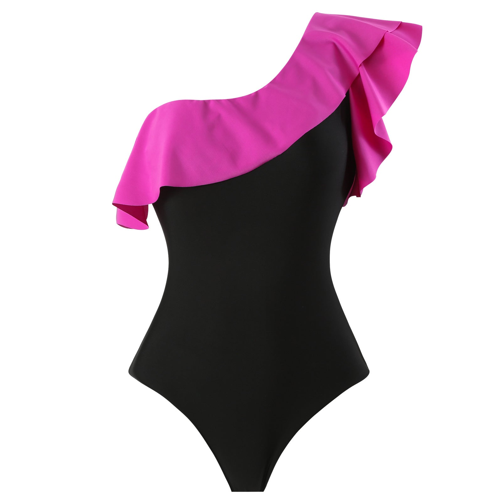 Monokini One Shoulder Black and Pink Swimsuit With Coverup Skirt By Sinderella