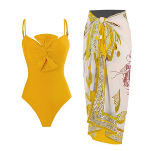 Monokini Solid Color Swimsuit with Floral Sarong By Sinderella