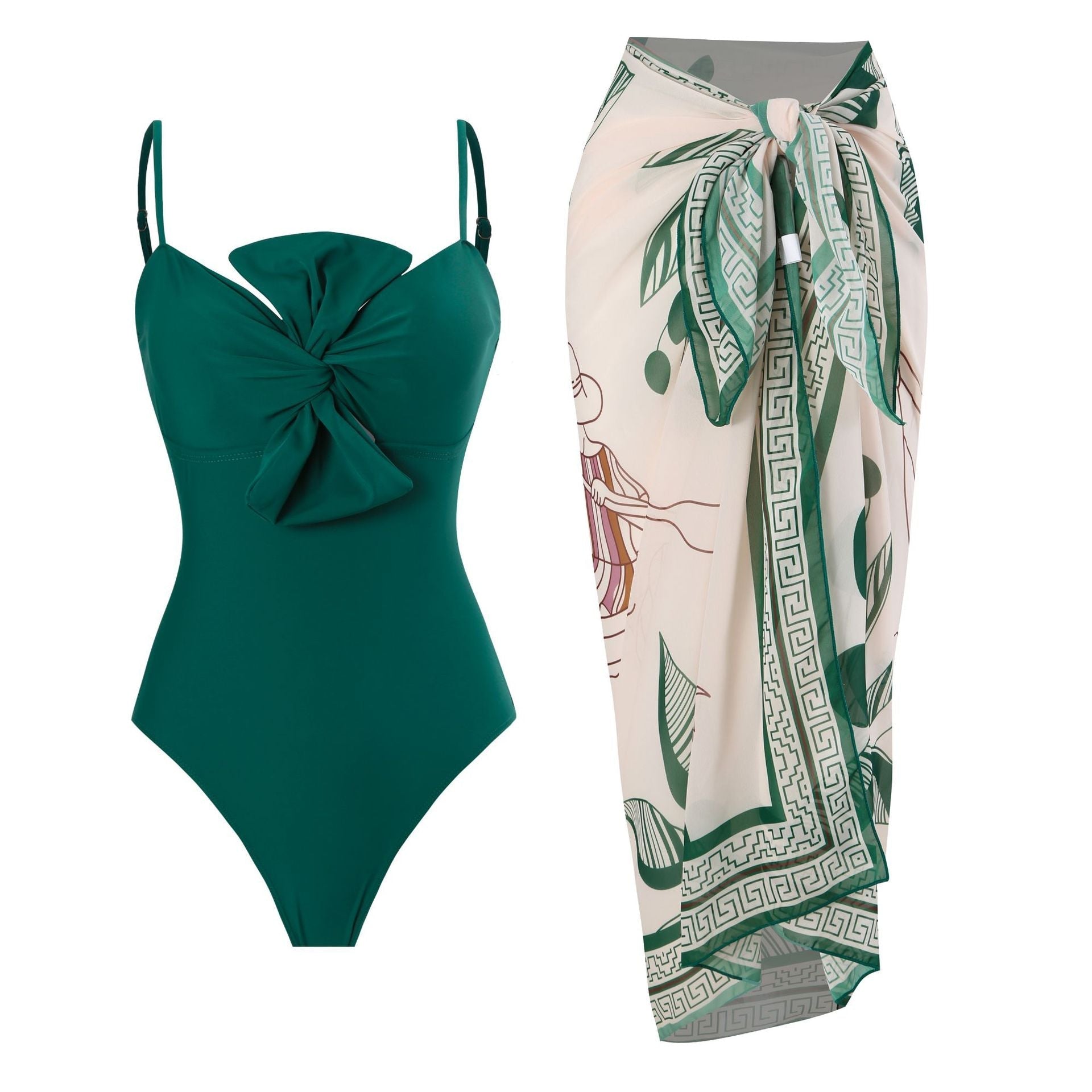 Monokini Solid Color Swimsuit with Floral Sarong By Sinderella