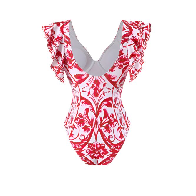 One Peice Floral Red Swimwear with Sarong By Sinderella