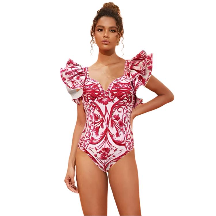 One Peice Floral Red Swimwear with Sarong By Sinderella