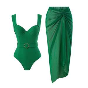 One Peice Solid Color Swimwear with Sarong By Sinderella