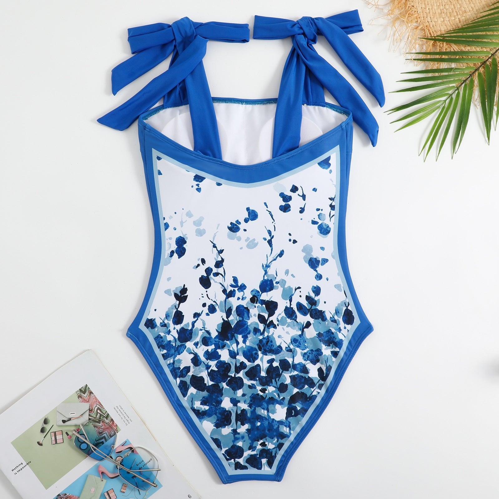 One Piece Blue Petals Tie Up Swimsuit With Wrap Around Tie Up Sarong Skirt By Sinderella