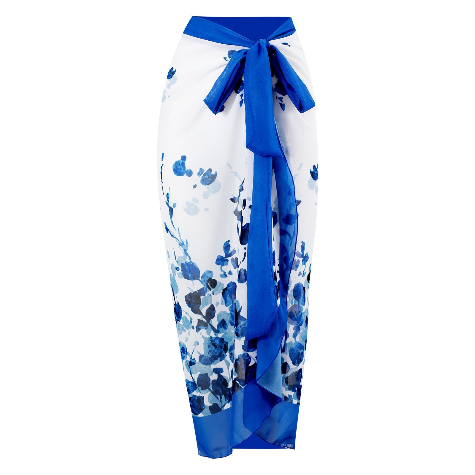 One Piece Blue Petals Tie Up Swimsuit With Wrap Around Tie Up Sarong Skirt By Sinderella