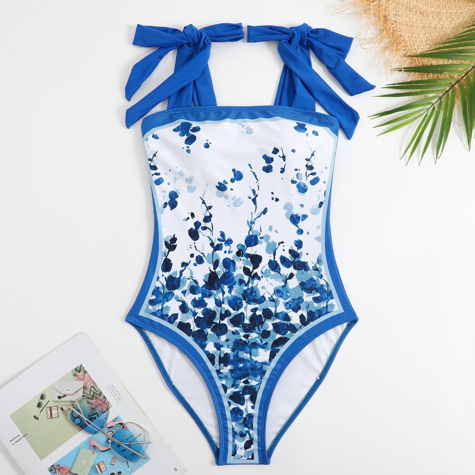 One Piece Blue Petals Tie Up Swimsuit With Wrap Around Tie Up Sarong Skirt By Sinderella