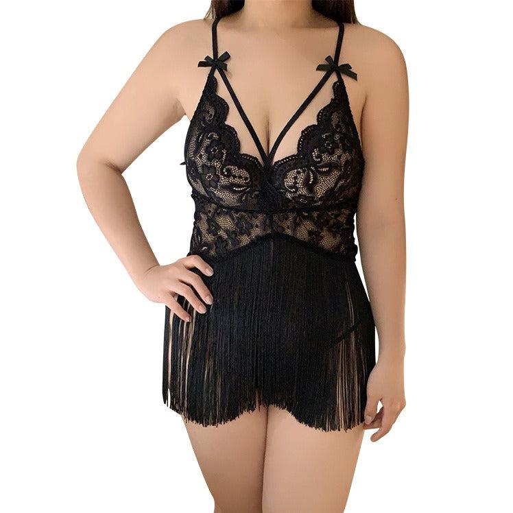 Sensual in Fringe Plus-Size Lace Backless Babydoll Lingerie