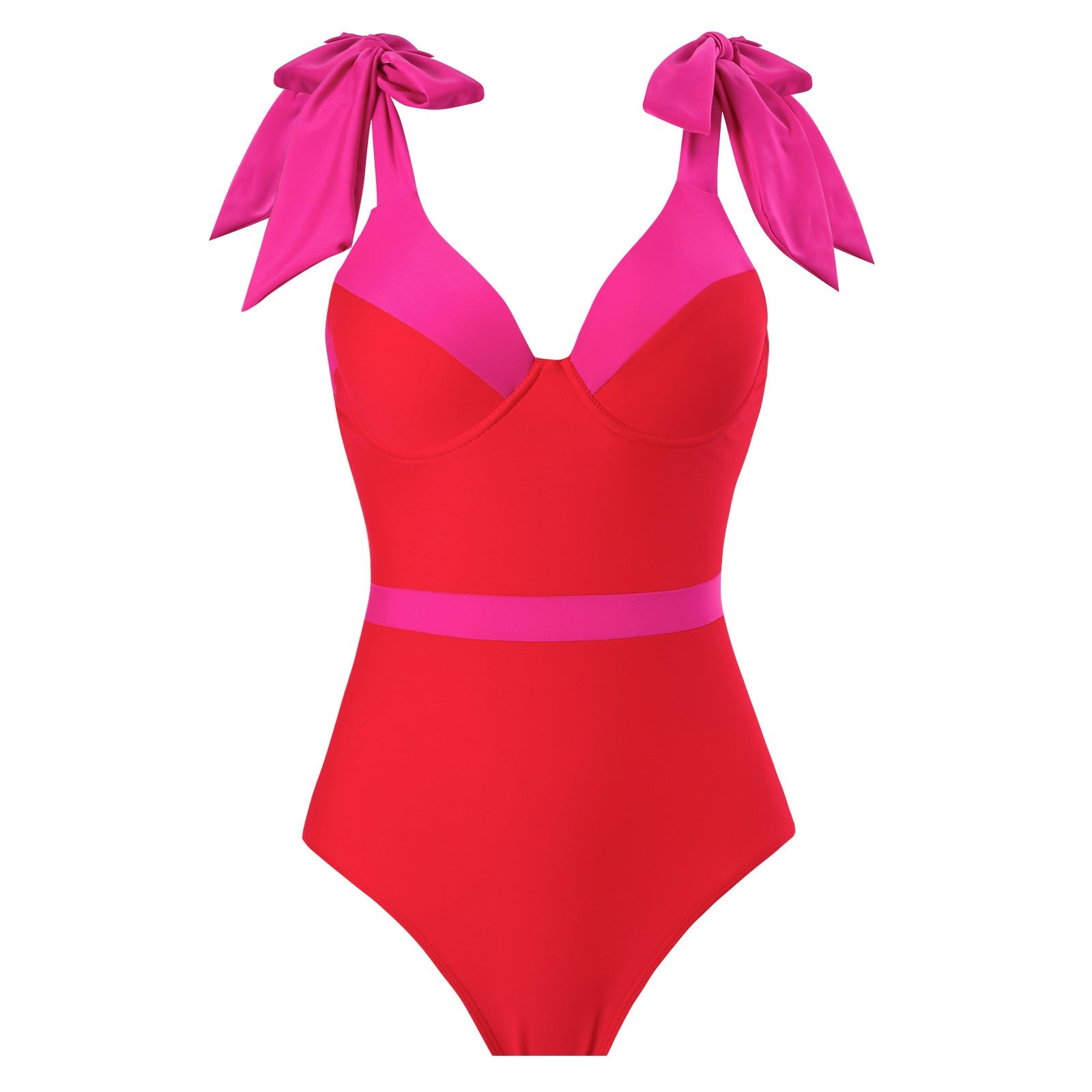 Red And Pink Tie Up Monokini With Middle Slit Skirt by Sinderella