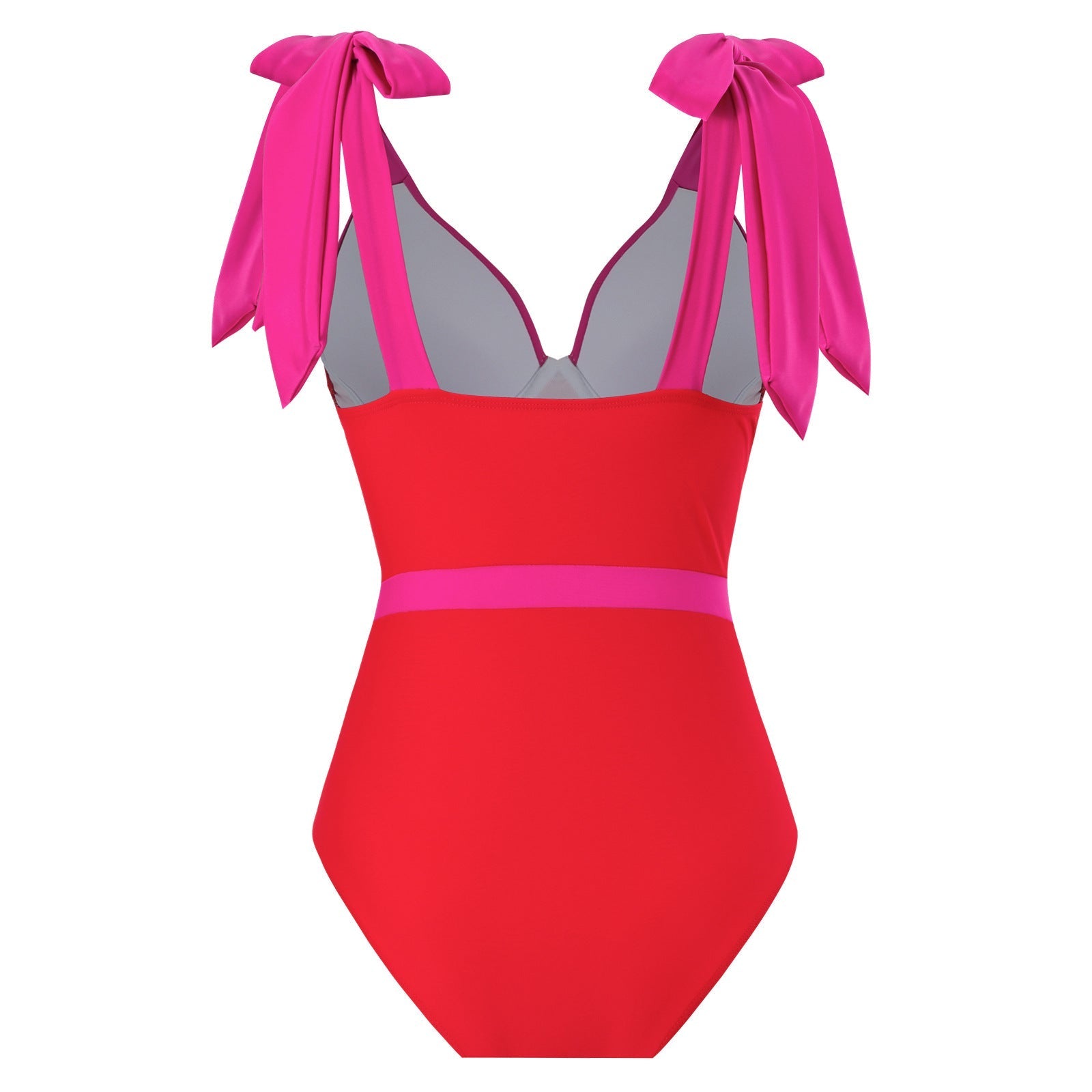 Red And Pink Tie Up Monokini With Middle Slit Skirt by Sinderella