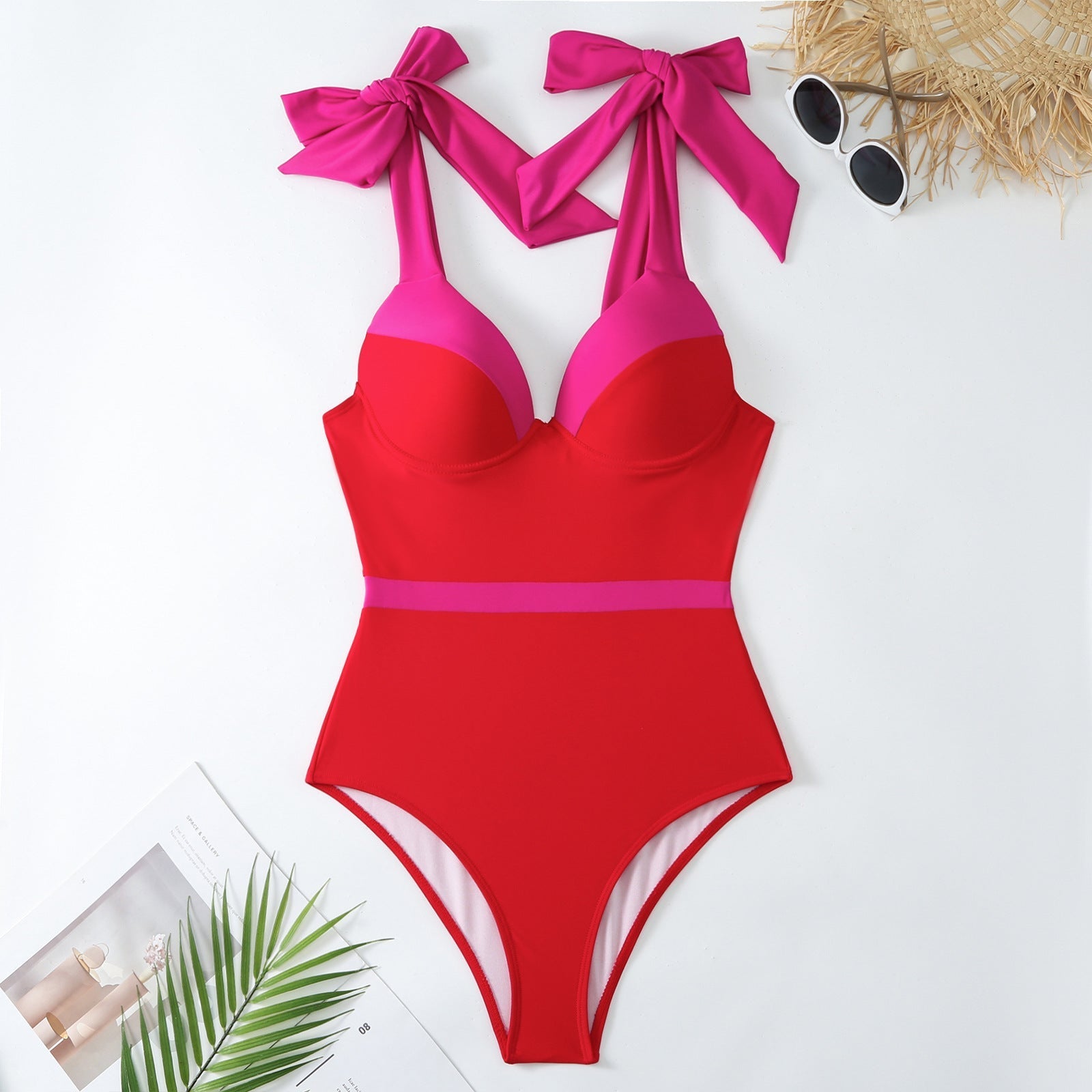 Red And Pink Tie Up Monokini With Middle Slit Skirt by Sinderella