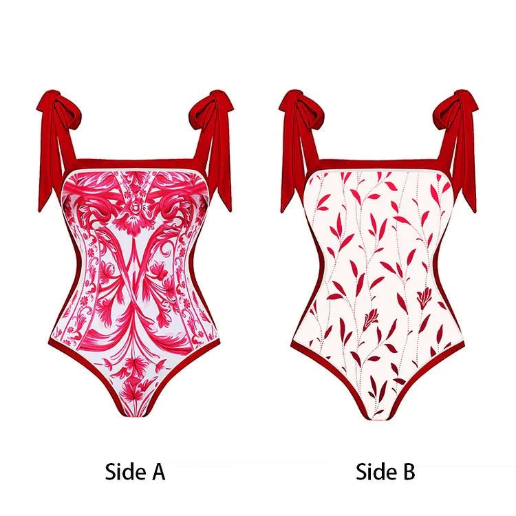 Reversible Red Pink One Piece Tie Up Swimsuit With Floral Skirt By Sinderella