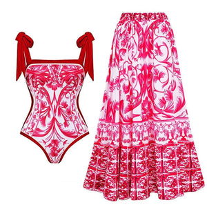 Reversible Red Pink One Piece Tie Up Swimsuit With Floral Skirt By Sinderella