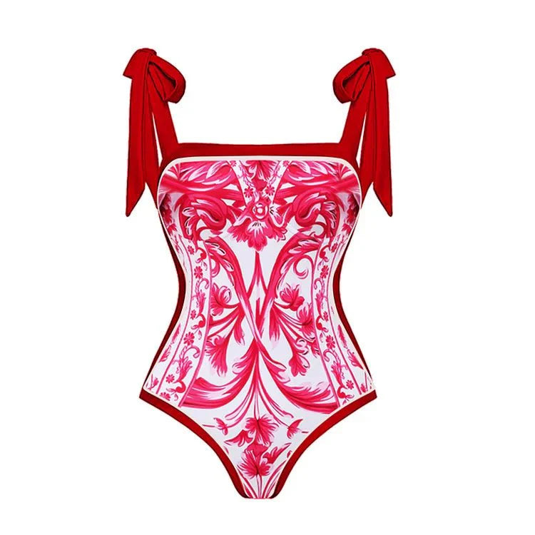 Reversible Red Pink One Piece Tie Up Swimsuit With Floral Skirt By Sinderella