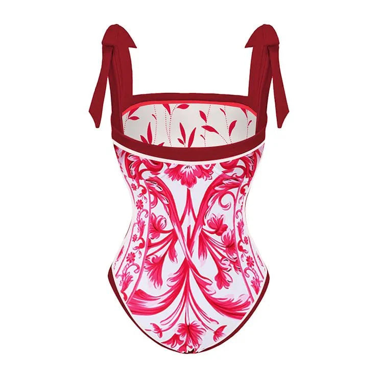 Reversible Red Pink One Piece Tie Up Swimsuit With Floral Skirt By Sinderella