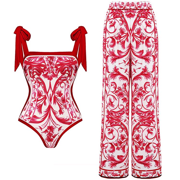 Reversible Red Pink One Piece Tie Up Swimsuit With Pants By Sinderella