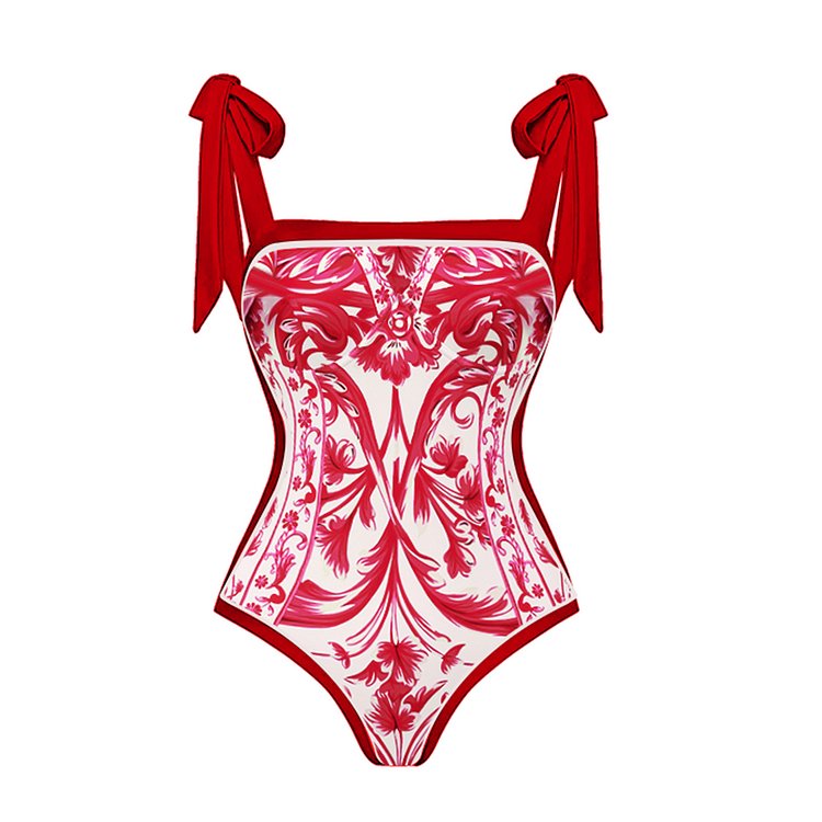 Reversible Red Pink One Piece Tie Up Swimsuit With Pants By Sinderella