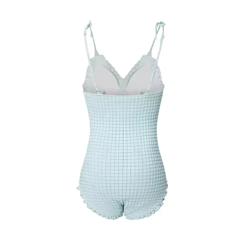 Ruched Gingham Design With Tie up Strap Monokini By Sinderella