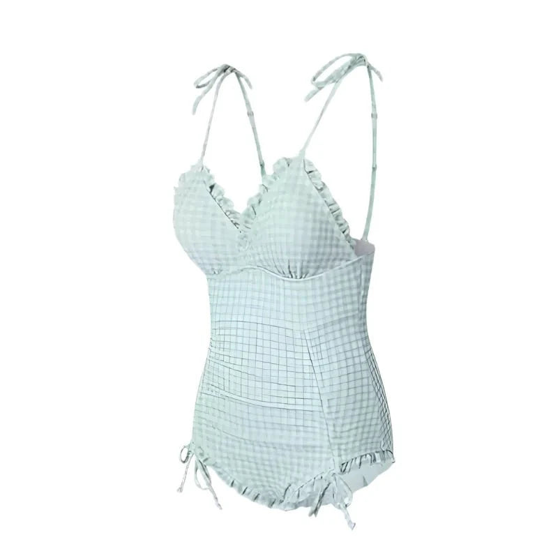 Ruched Gingham Design With Tie up Strap Monokini By Sinderella