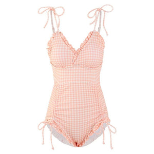 Ruched Gingham Design With Tie up Strap Monokini By Sinderella