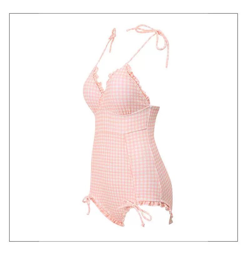 Ruched Gingham Design With Tie up Strap Monokini By Sinderella