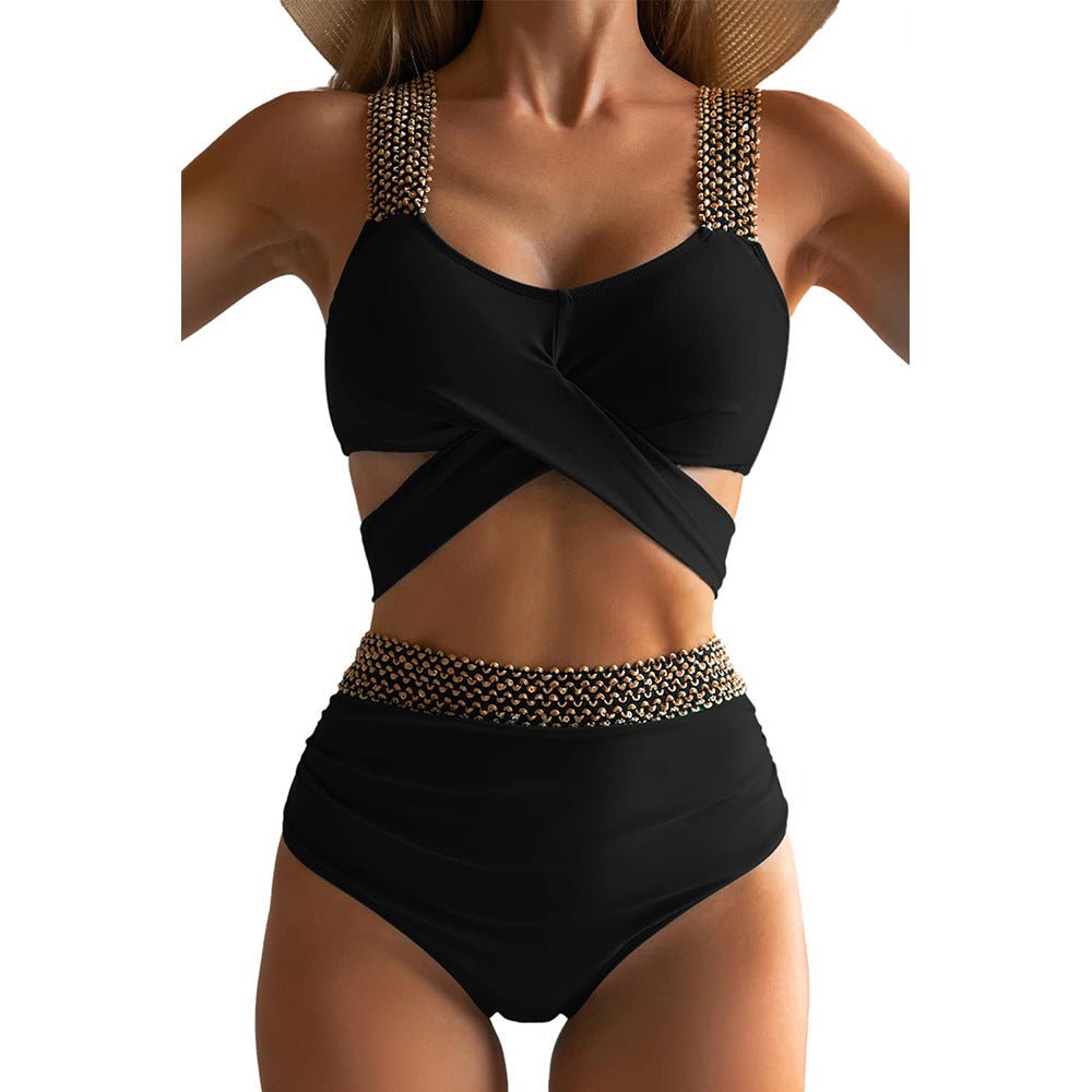 Solid Color With Golden Sequence Straps High Waist Two Piece Swimwear By Sinderella