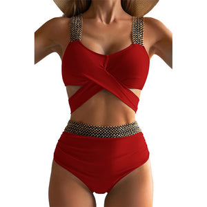 Solid Color With Golden Sequence Straps High Waist Two Piece Swimwear By Sinderella