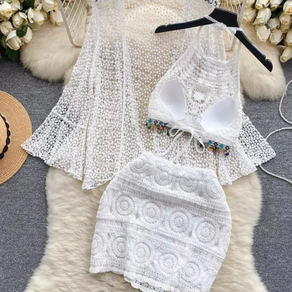 Three Piece Crochet Beach Resort Set