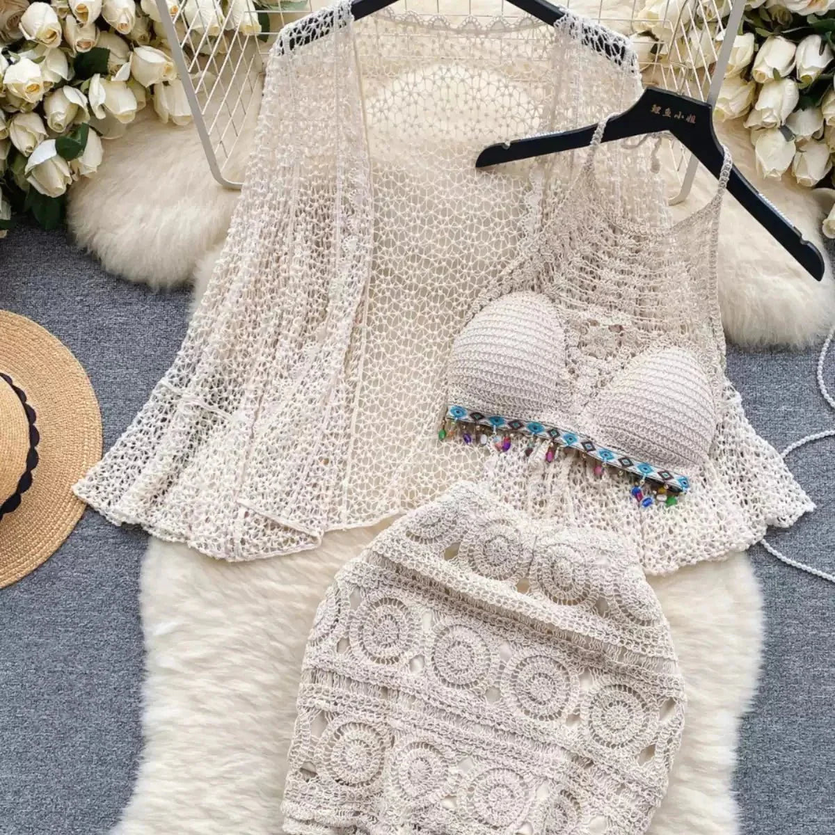 Three Piece Crochet Beach Resort Set