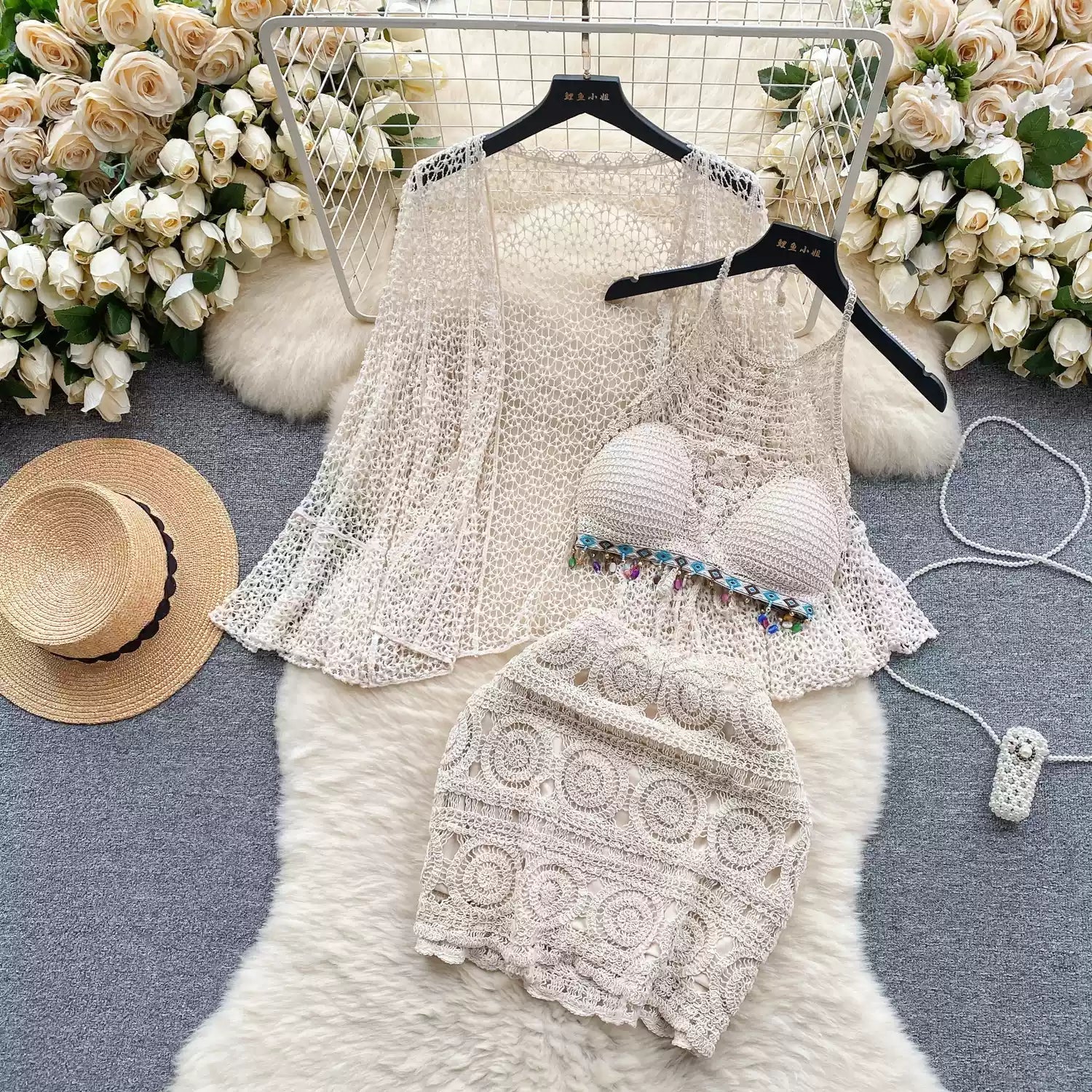 Three Piece Crochet Beach Resort Set