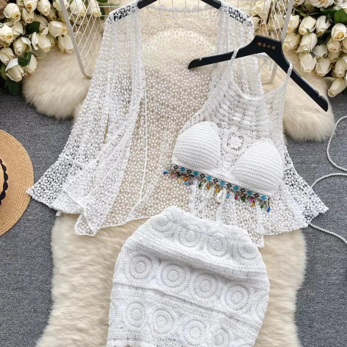 Three Piece Crochet Beach Resort Set